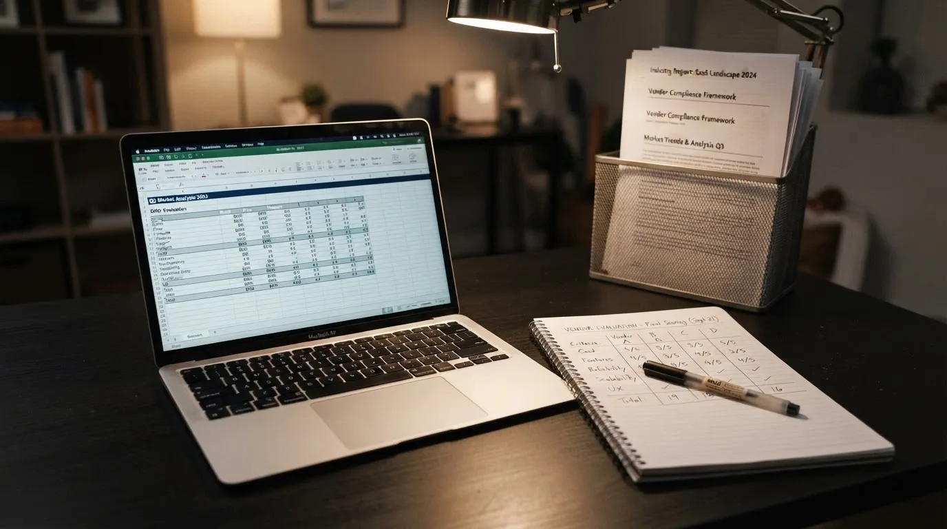 A desk with a notepad showing a scoring framework, operator pages open on a monitor, and ACMA regulatory documents in the background
