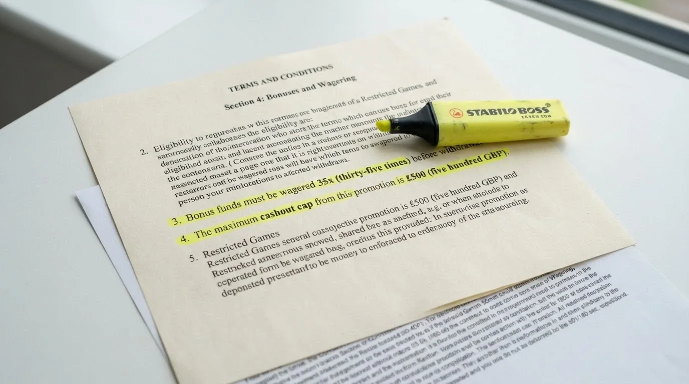 A close-up of casino bonus terms and conditions with a highlighter marking the wagering requirement and cashout cap lines