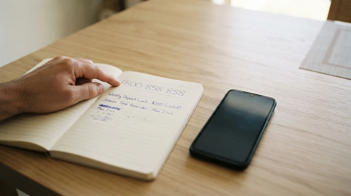 An Android phone on a table next to a notebook with handwritten deposit-limit figures and the National Gambling Helpline number (1800 858 858), in calm, natural light