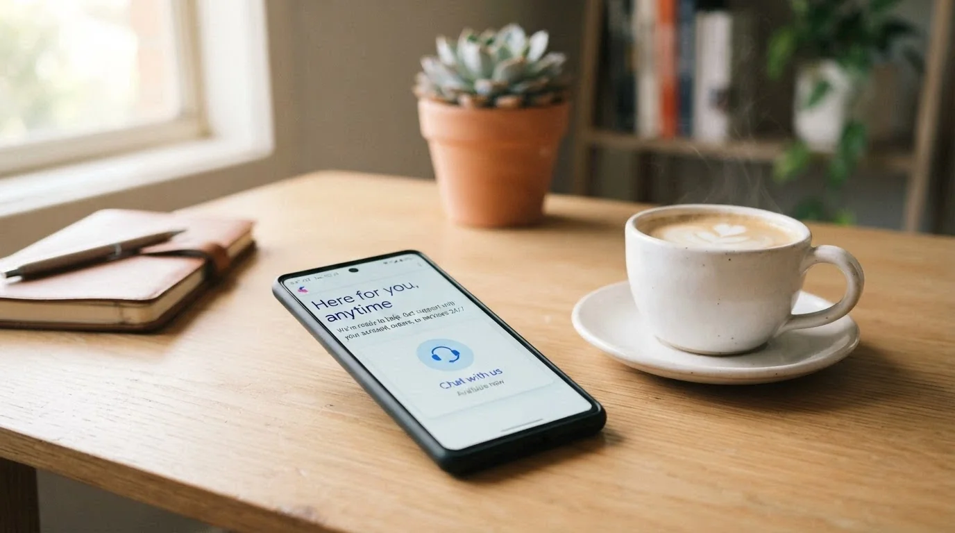 A calm, supportive image — a phone on a desk displaying the Gambling Help Online homepage beside a cup of coffee, soft daylight