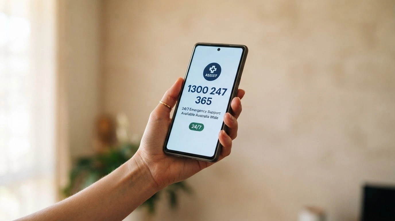 A phone screen displaying the number 1800 858 858 with the Gambling Help Online logo and a 24/7 badge beneath it