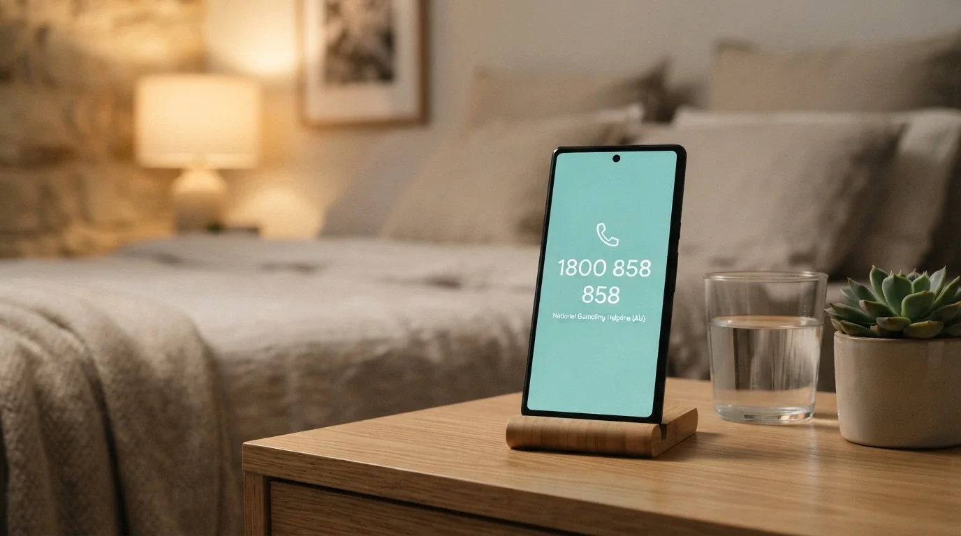 A calm, supportive scene with a helpline phone icon and the number 1800 858 858 on screen