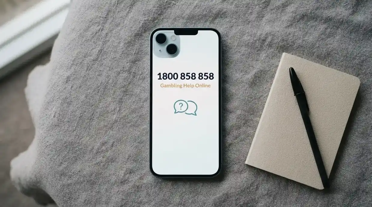 A phone screen displaying the National Gambling Helpline number 1800 858 858 beside the Gambling Help Online chat interface