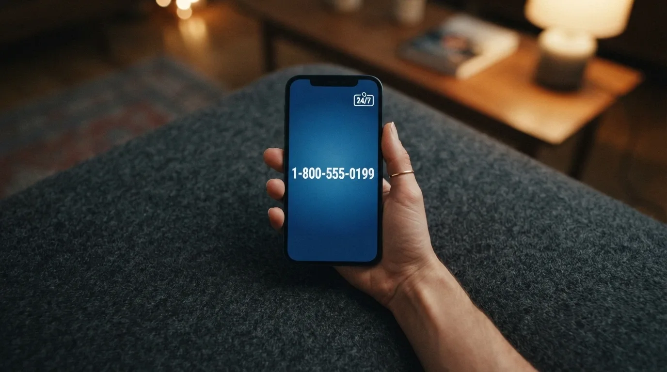 A phone screen showing the 1800 858 858 National Gambling Helpline number with a 24/7 badge