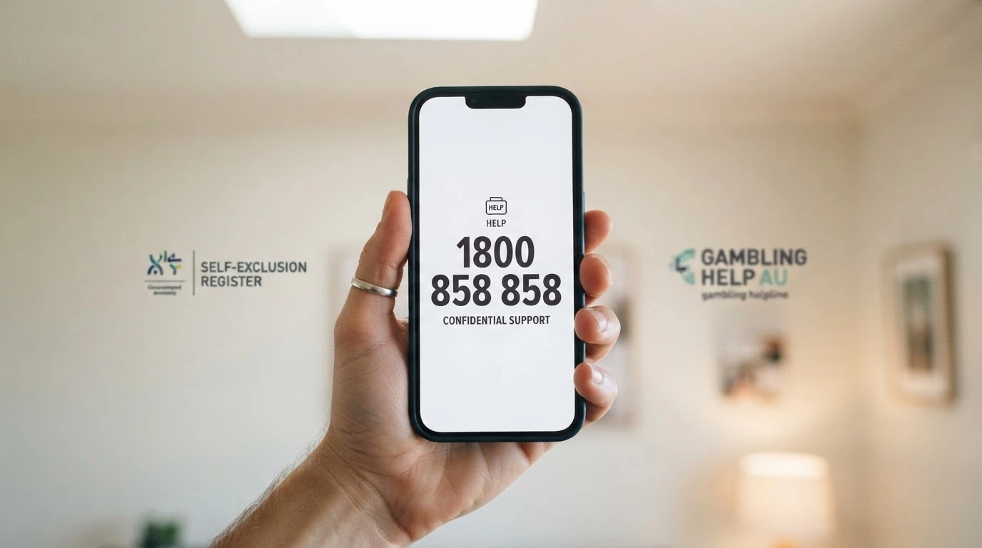 A person's hand holding a smartphone displaying the number 1800 858 858 on screen, with the BetStop and Gambling Help Online logos visible in soft focus behind it.