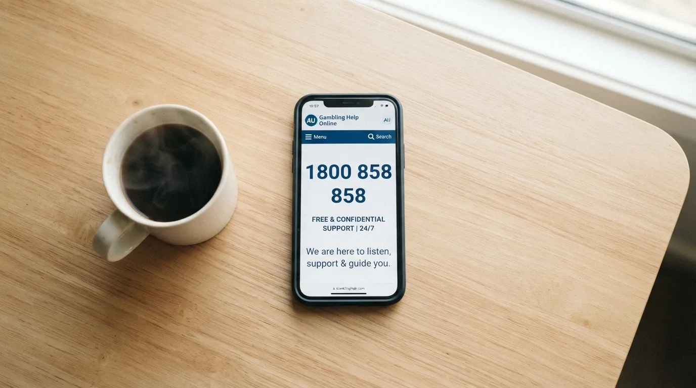 A smartphone screen displaying the Gambling Help Online homepage with the 1800 858 858 number prominent, shot on a desk beside a cooling cup of coffee in soft morning light
