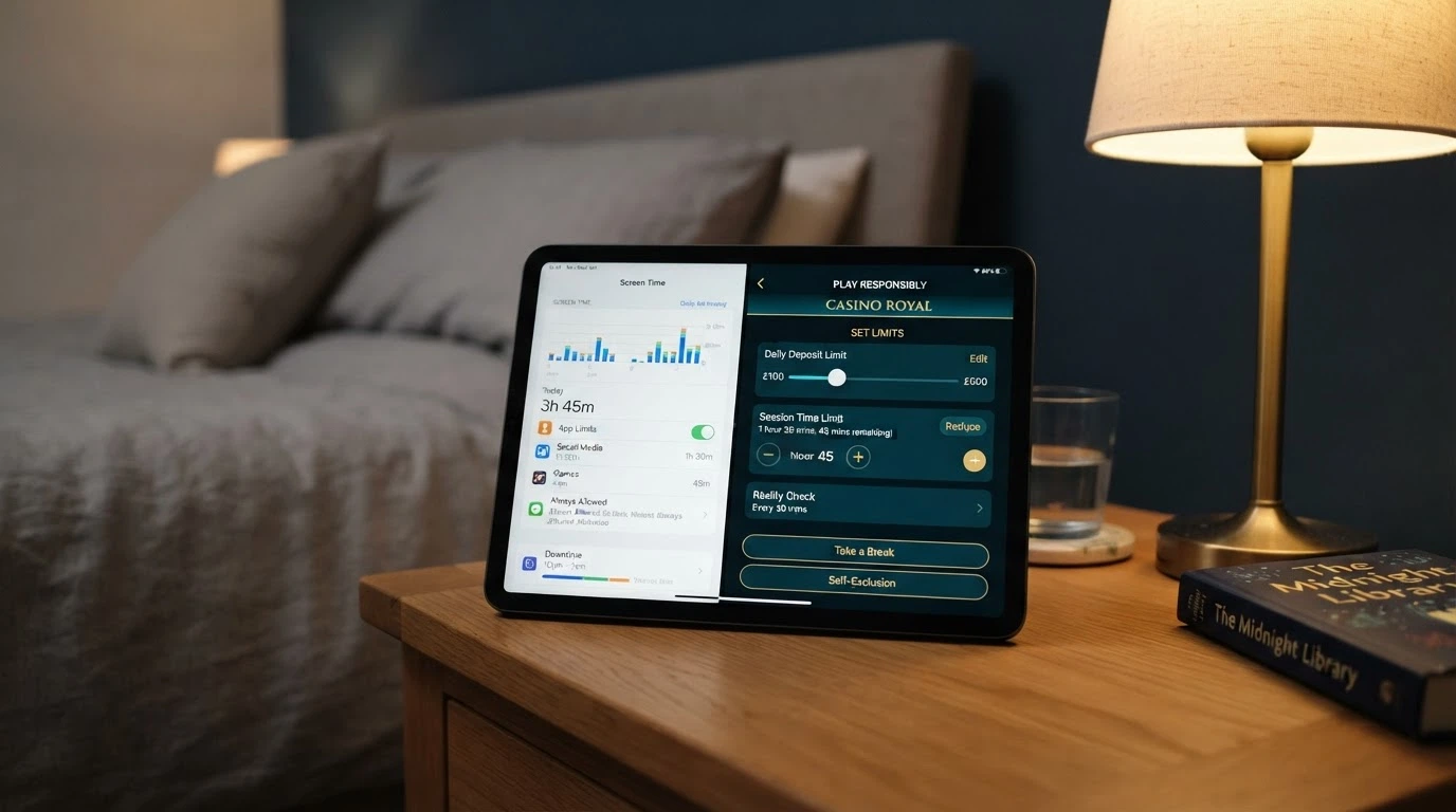 An iPad Settings screen showing Screen Time limits next to a casino's responsible-gambling panel with deposit-limit and session-timer toggles