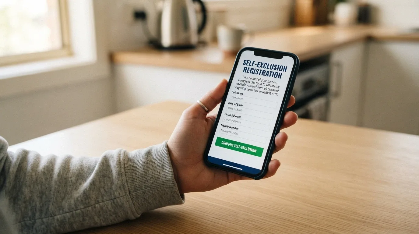 A smartphone screen displaying the BetStop self-exclusion registration page beside the National Gambling Helpline number 1800 858 858
