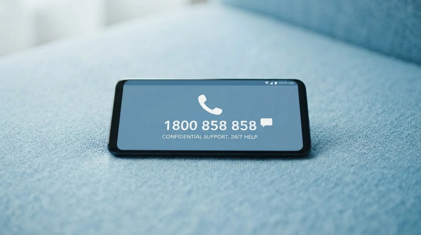 A phone screen displaying the National Gambling Helpline number 1800 858 858 beside the BetStop logo and the Gambling Help Online chat interface, with a calm blue background