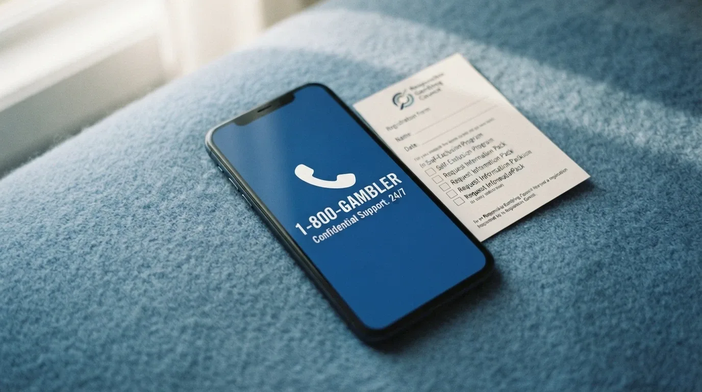 A BetStop registration screen beside a phone displaying the Gambling Helpline number 1800 858 858, on a calm blue background