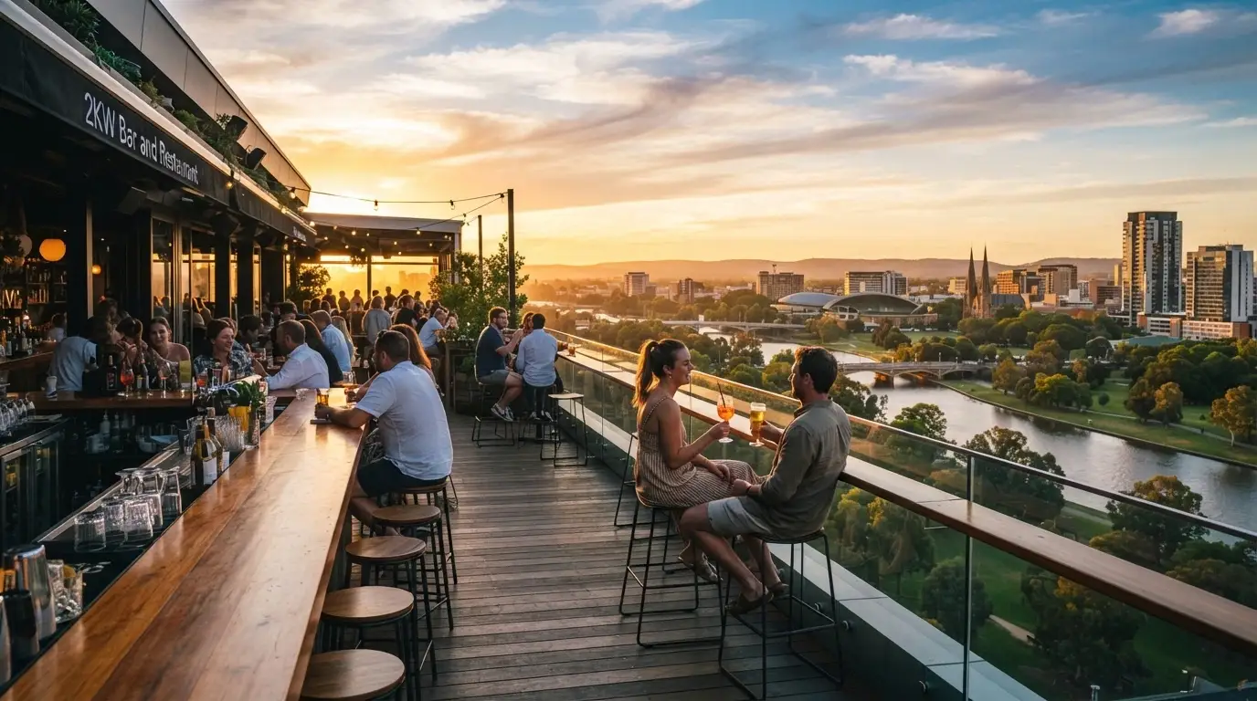 Patrons seated at the SkyCity Adelaide rooftop bar during sunset with views across the River Torrens and the Adelaide city skyline