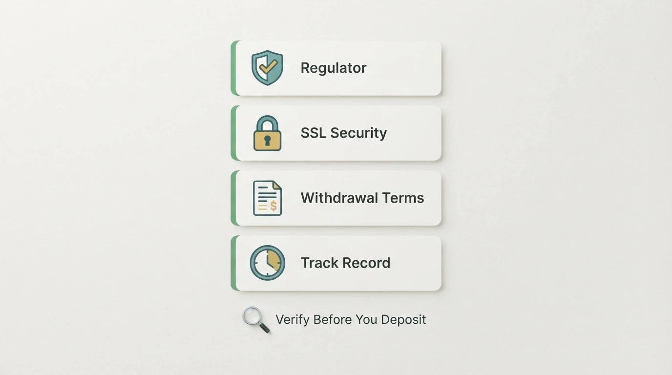 A visual checklist of casino safety signals — regulator badge, SSL padlock, withdrawal terms document, responsible-gambling tools icon — arranged as a consumer guide