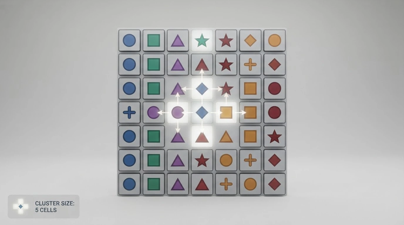 A diagrammatic view of a 7×7 grid with a cluster of five matching symbols highlighted, arrows showing the cascade direction