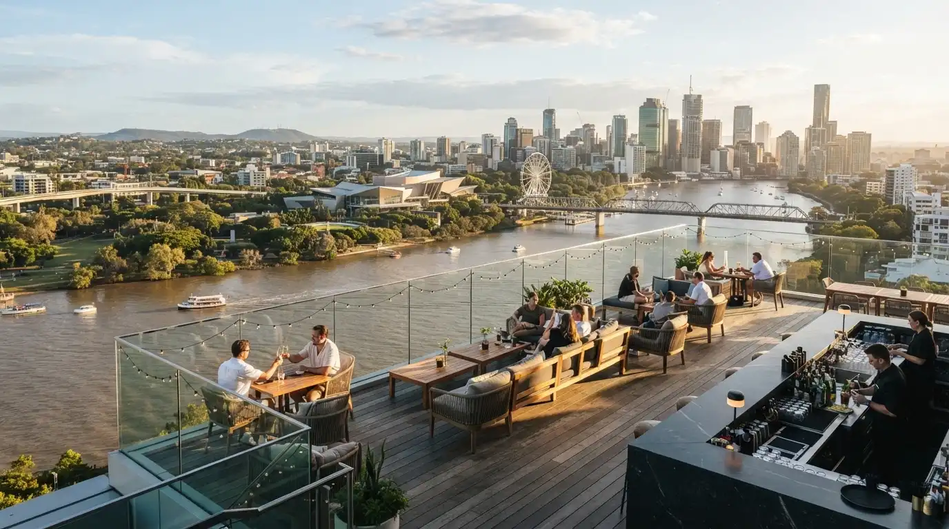 The Sky Deck at The Star Brisbane, 100 metres above the river, outdoor seating with views across to South Bank