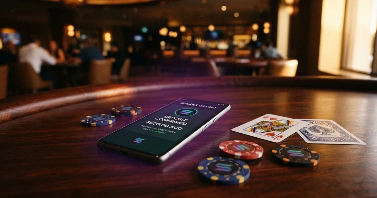 A digital illustration of the Solana blockchain logo overlaid on casino chips, playing cards and a smartphone showing a deposit confirmation screen