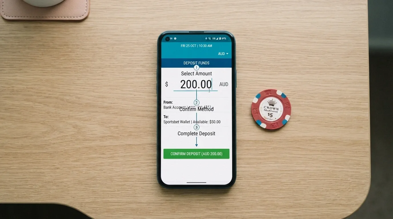A smartphone screen showing a Phantom wallet SOL transfer confirmation beside an Australian exchange interface and a casino cashier page, with arrows connecting the three stages