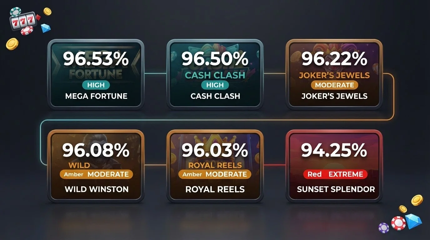 Six popular online pokie title cards with their RTP percentages and volatility badges displayed prominently, arranged from highest to lowest RTP