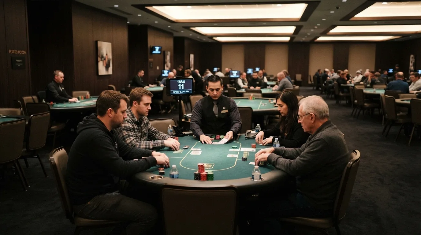 The Star Brisbane poker room interior with 8-handed tables, dealer, action-clock displays visible