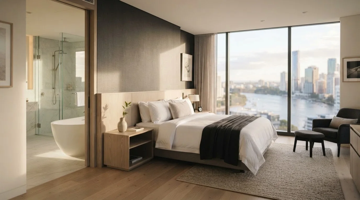 Star Grand king room interior with floor-to-ceiling windows, king bed, river or city view, neutral palette