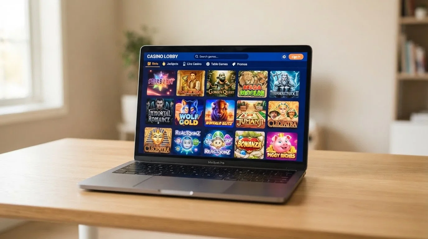 A grid of colourful online pokies thumbnails on a casino games lobby page, with a search bar visible
