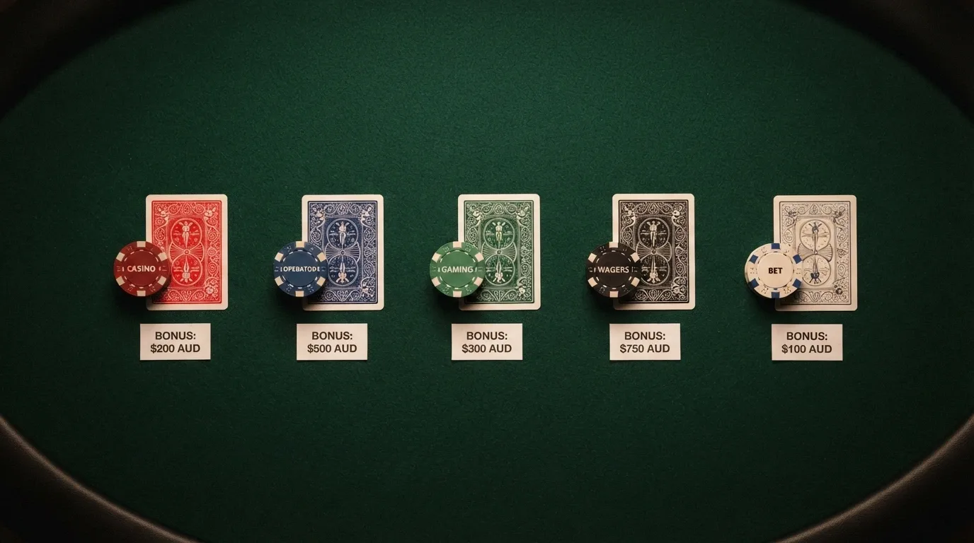 A side-by-side arrangement of casino-brand cards with welcome-bonus figures, licence flags and pokies-count badges, styled as a comparison view