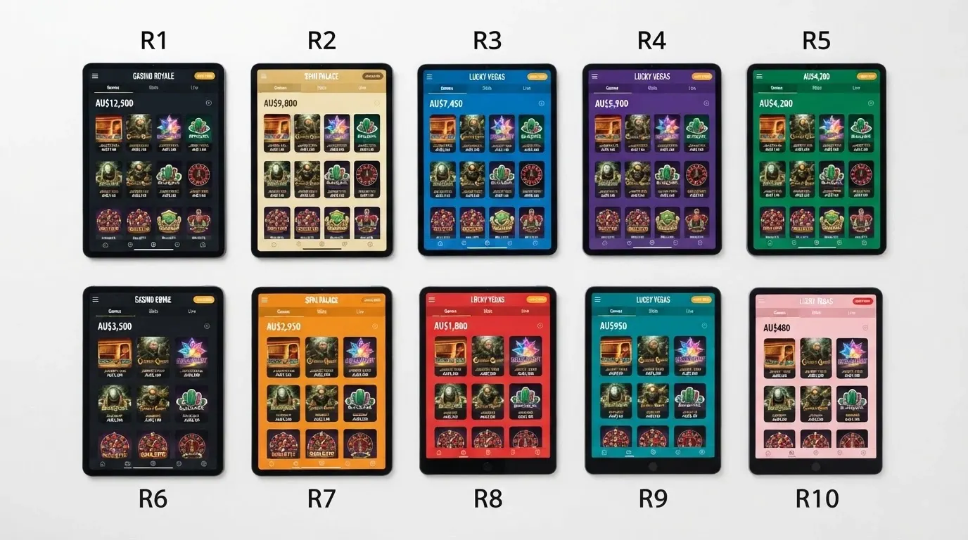 A stylised grid of ten iPad screens each showing a different casino lobby, arranged in ranking order from top-left, all displaying Australian dollar denominations