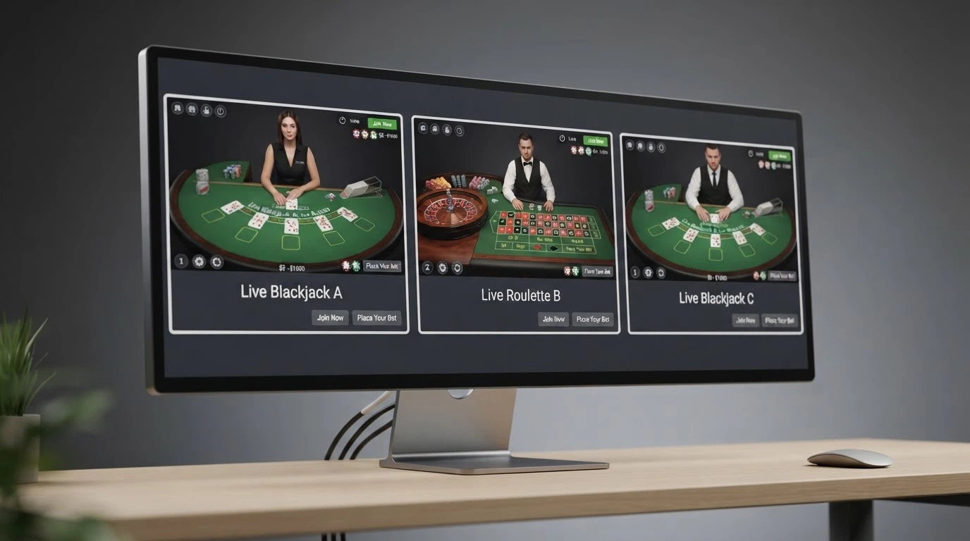 A side-by-side view of live casino site homepages on a desktop screen