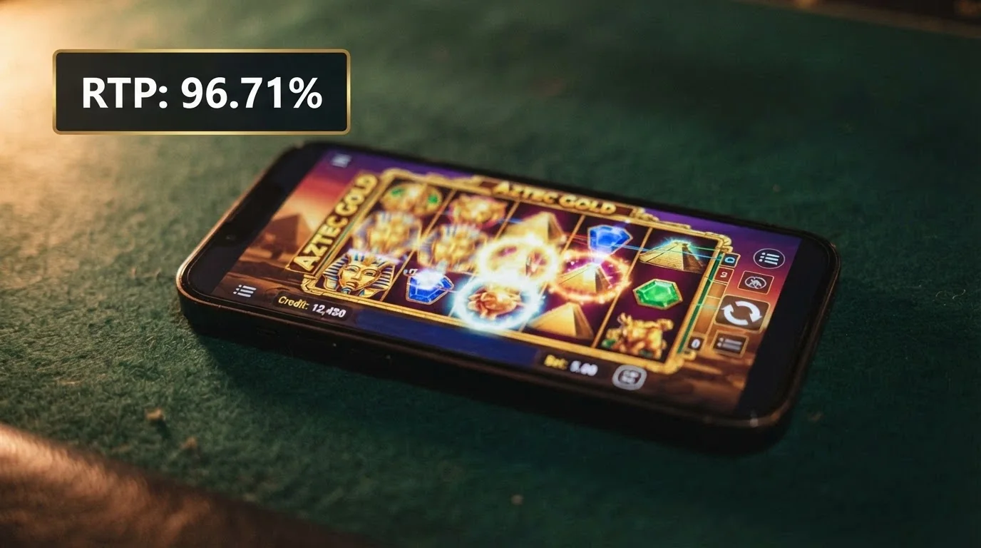 A smartphone in landscape orientation showing a pokie game screen with the RTP figure (96.71%) highlighted in the game-info panel