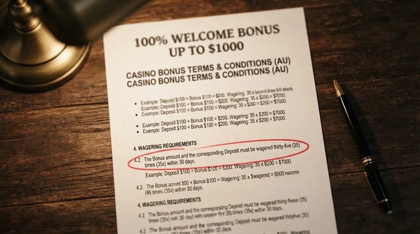 A close-up of a casino bonus terms page with the wagering multiple circled in red, the headline bonus figure visible but blurred in the background