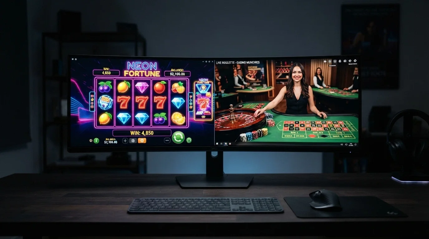 A row of illuminated online pokies screens beside a live-dealer roulette table feed, both on a single desktop display