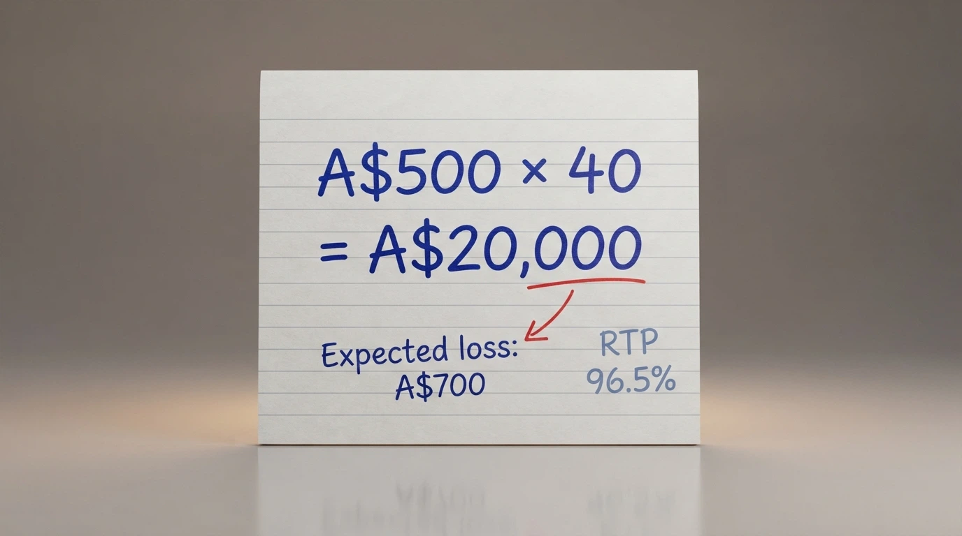 A calculator display showing A$500 multiplied by 40 equals A$20,000 turnover, with a red arrow pointing to an expected-loss figure of roughly A$700 beside an RTP percentage label