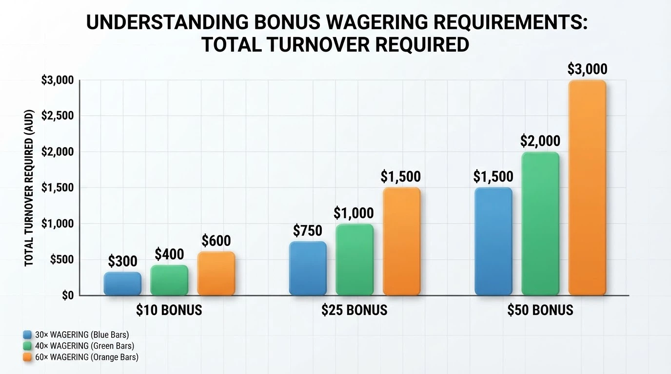 A bar chart showing three bonus amounts — $10, $25 and $50 — each stretched across three wagering multiples (30x, 40x, 60x) with the total turnover required labelled on each bar