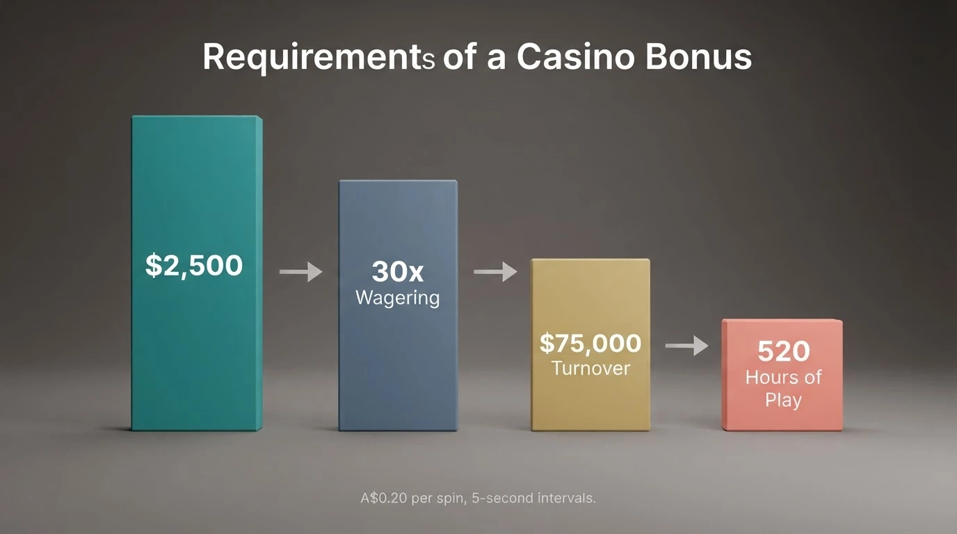 An infographic showing a A$2,500 bonus shrinking through each stage — wagering multiplication, game contribution weighting and the final real-money figure