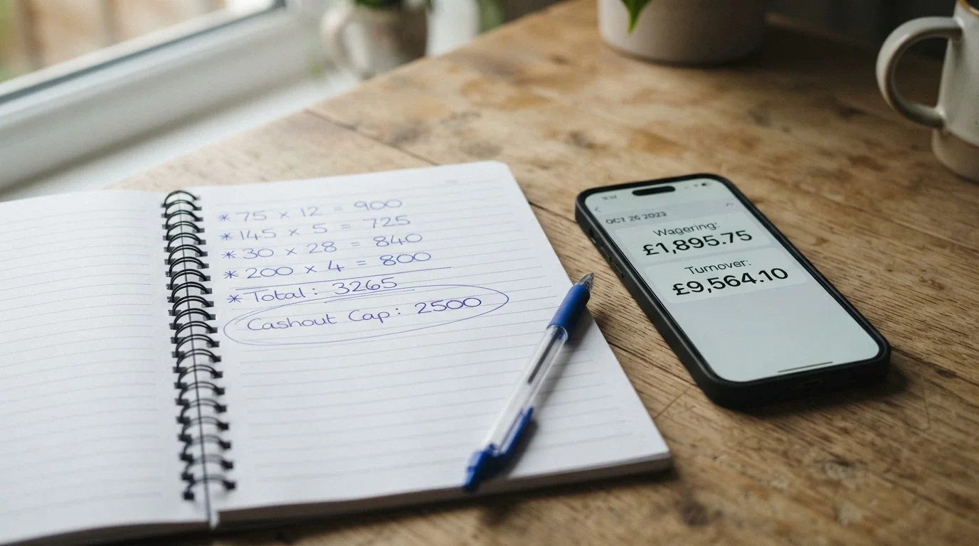 A notepad beside a smartphone showing handwritten calculations — wagering multiples, turnover figures and a circled cashout cap