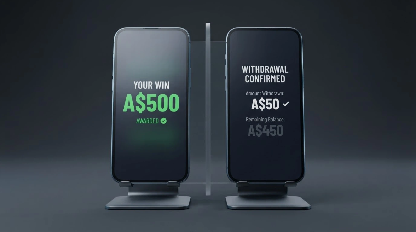A split visual — one side showing a “You Won A$500” screen, the other showing a withdrawal screen with A$50 confirmed and A$450 greyed out as voided
