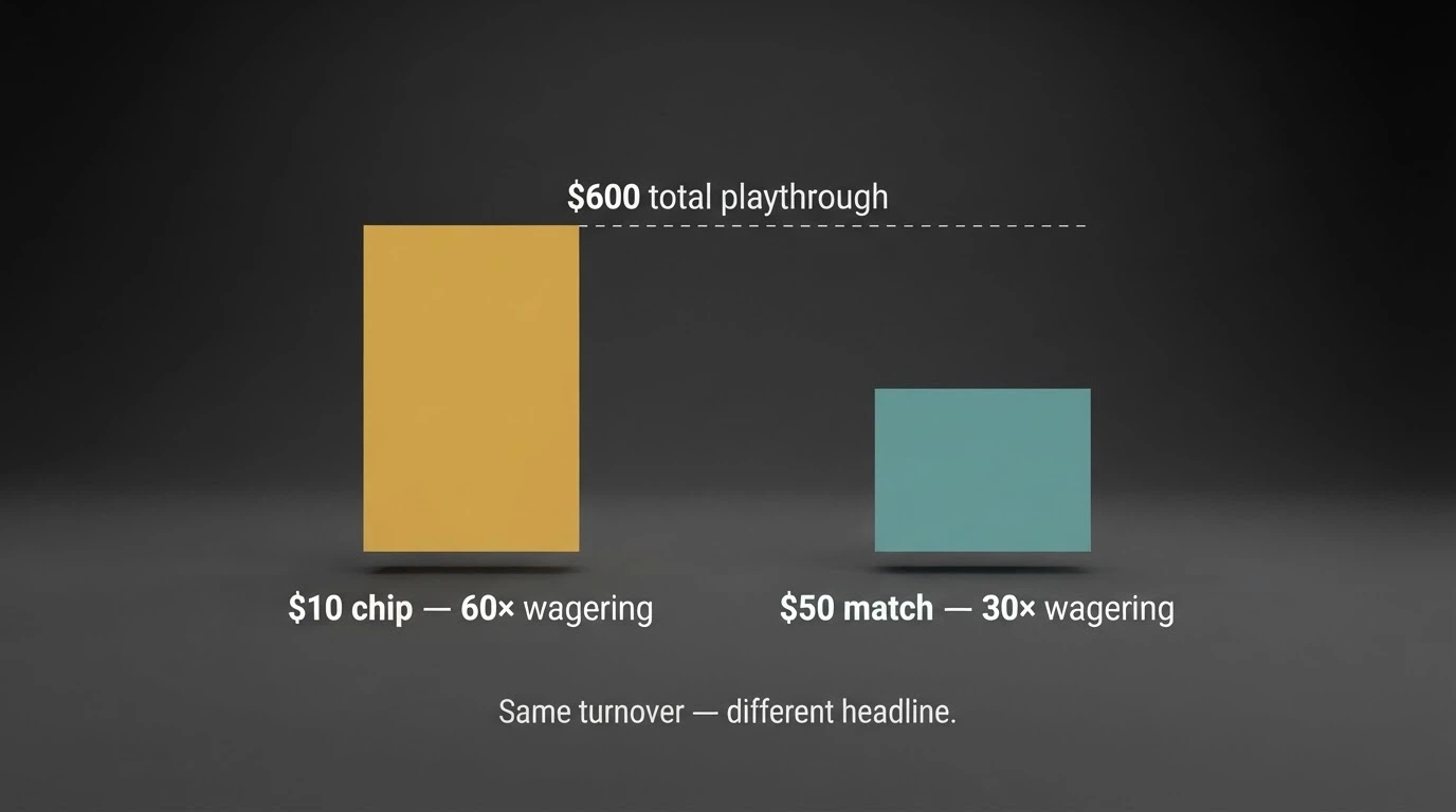 A side-by-side visual comparing a $10 no-deposit bonus with 60× wagering against a $50 deposit match with 30× wagering, showing the total playthrough difference