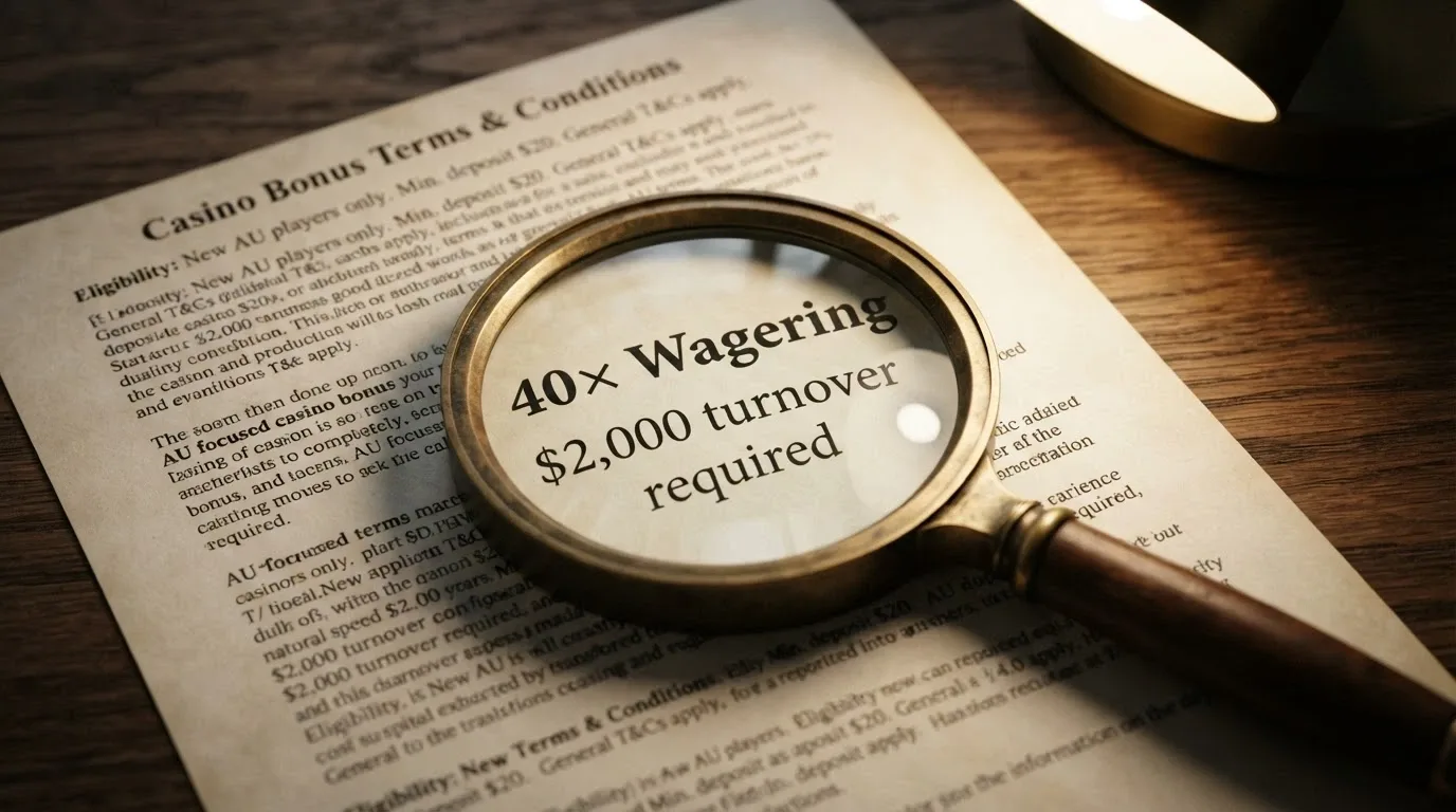 A magnifying glass held over casino bonus terms and conditions, with key numbers highlighted