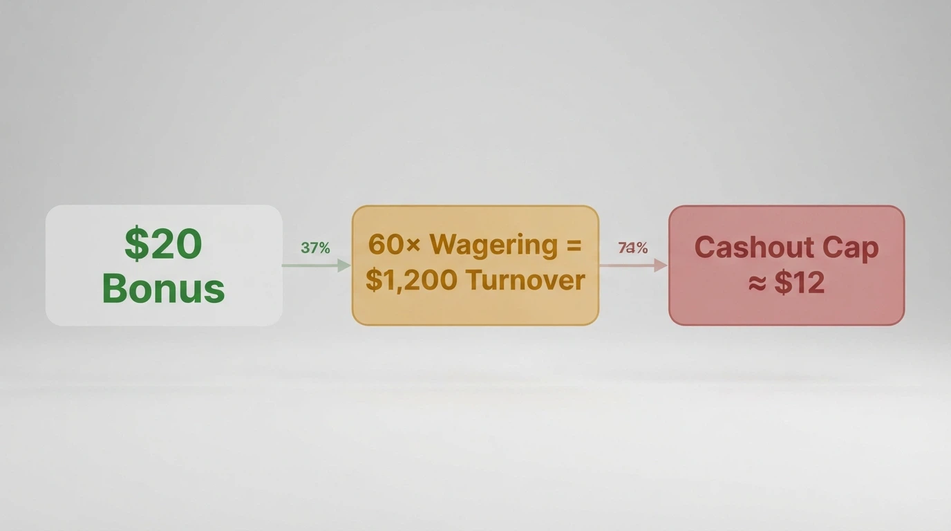 A flowchart-style illustration tracing a $20 free-spin win through a 60x wagering requirement to a final withdrawable amount of roughly $12 after the cashout cap