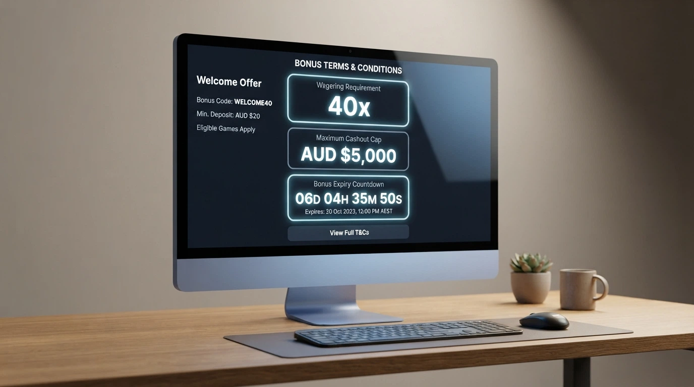 A close-up of a casino bonus terms panel on a desktop screen, with the wagering requirement, max cashout and expiry date fields highlighted.