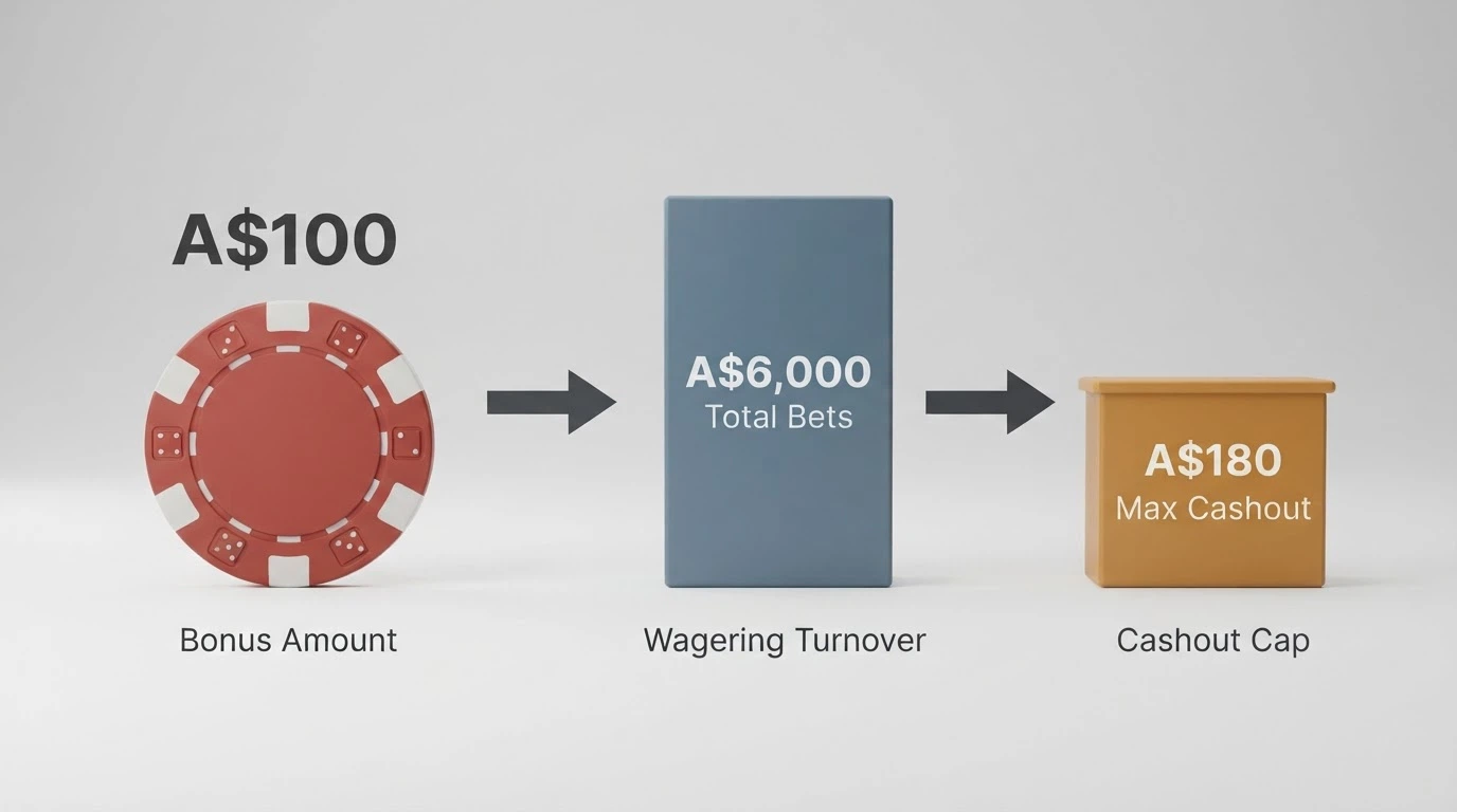 A visual breakdown showing a $100 bonus chip with arrows pointing to a $6,000 turnover requirement and a $180 maximum cashout ceiling