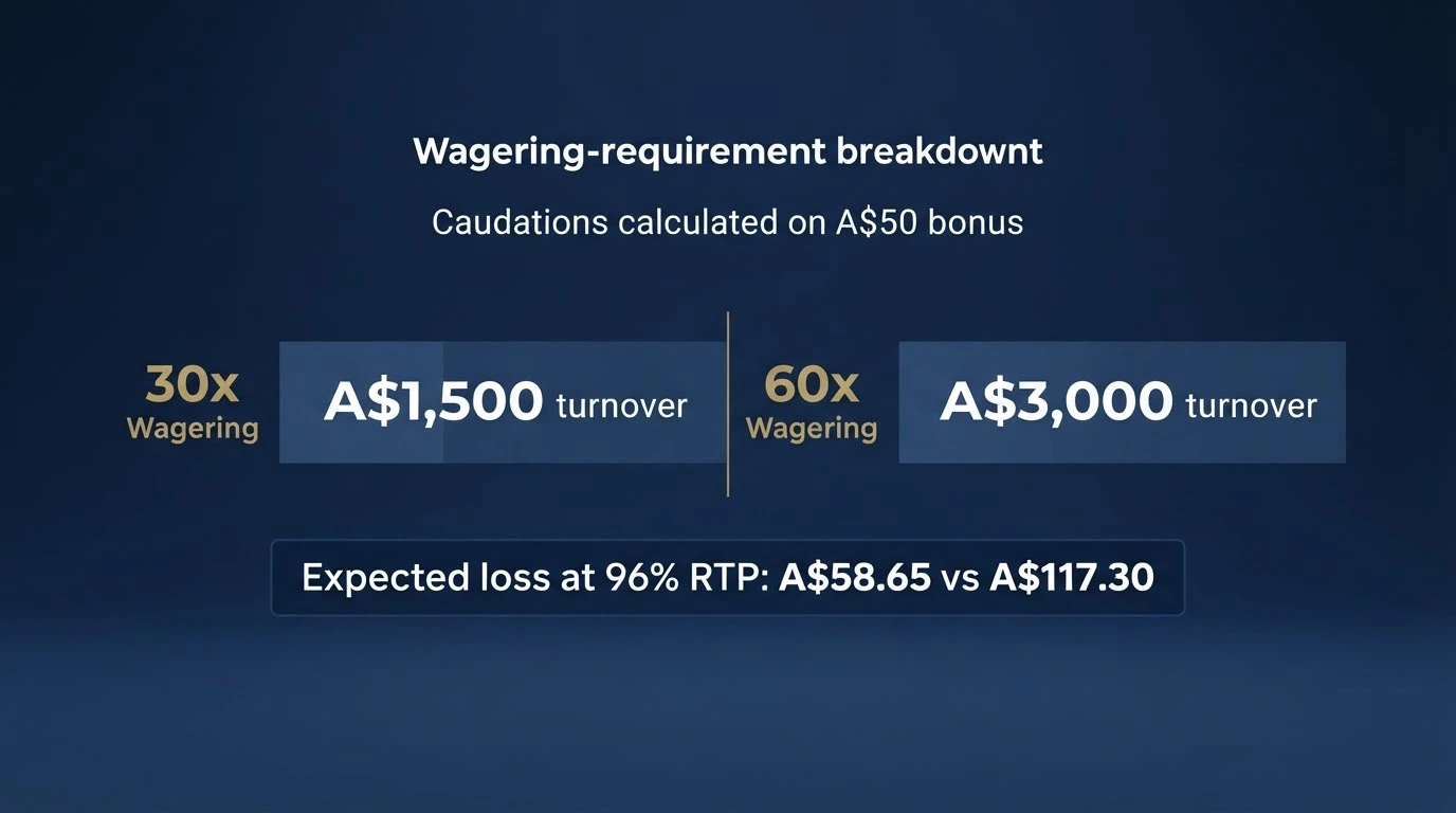 A close-up of a bonus-terms panel highlighting the wagering requirement multiplier and the turnover figure it produces
