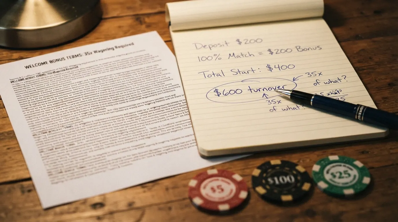A close-up of bonus terms printed in small text beside a calculator, a notepad with “$600 turnover” written on it, and poker chips