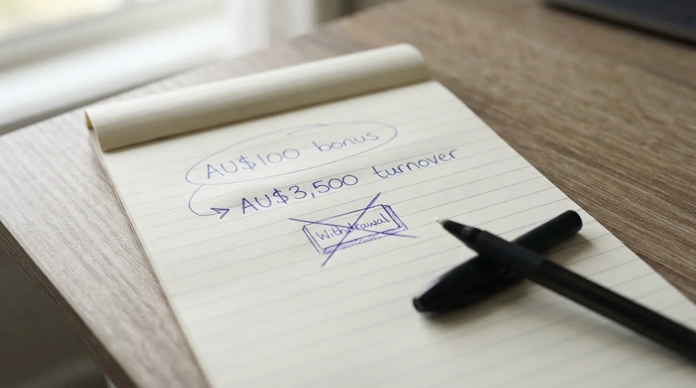 A close-up of a notepad with handwritten wagering maths — a AU$100 bonus figure circled, an arrow to AU$3,500 turnover, and a crossed-out “withdraw” button beside it