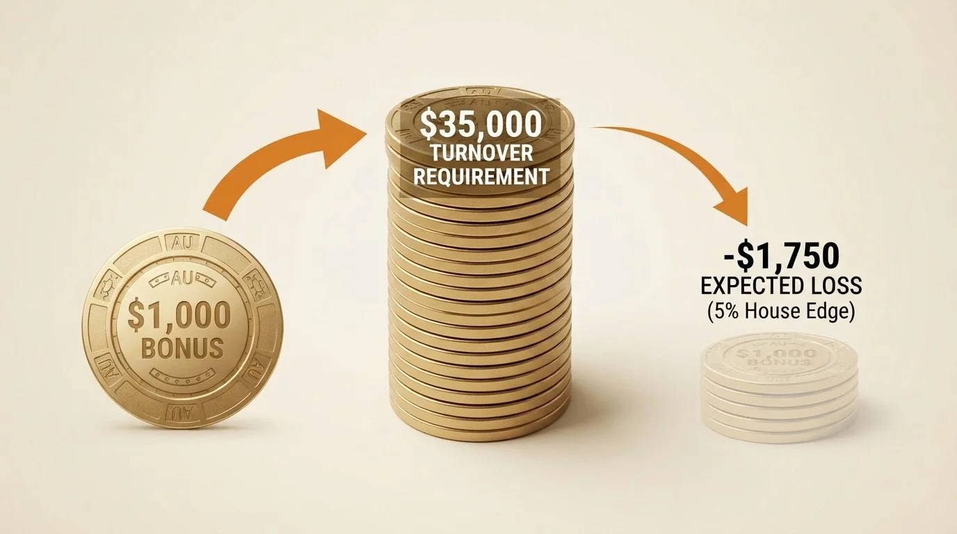 A visual sequence: a A$1,000 bonus chip is multiplied into a A$35,000 stack of chips, which then shrinks under a 3.5% house-edge filter
