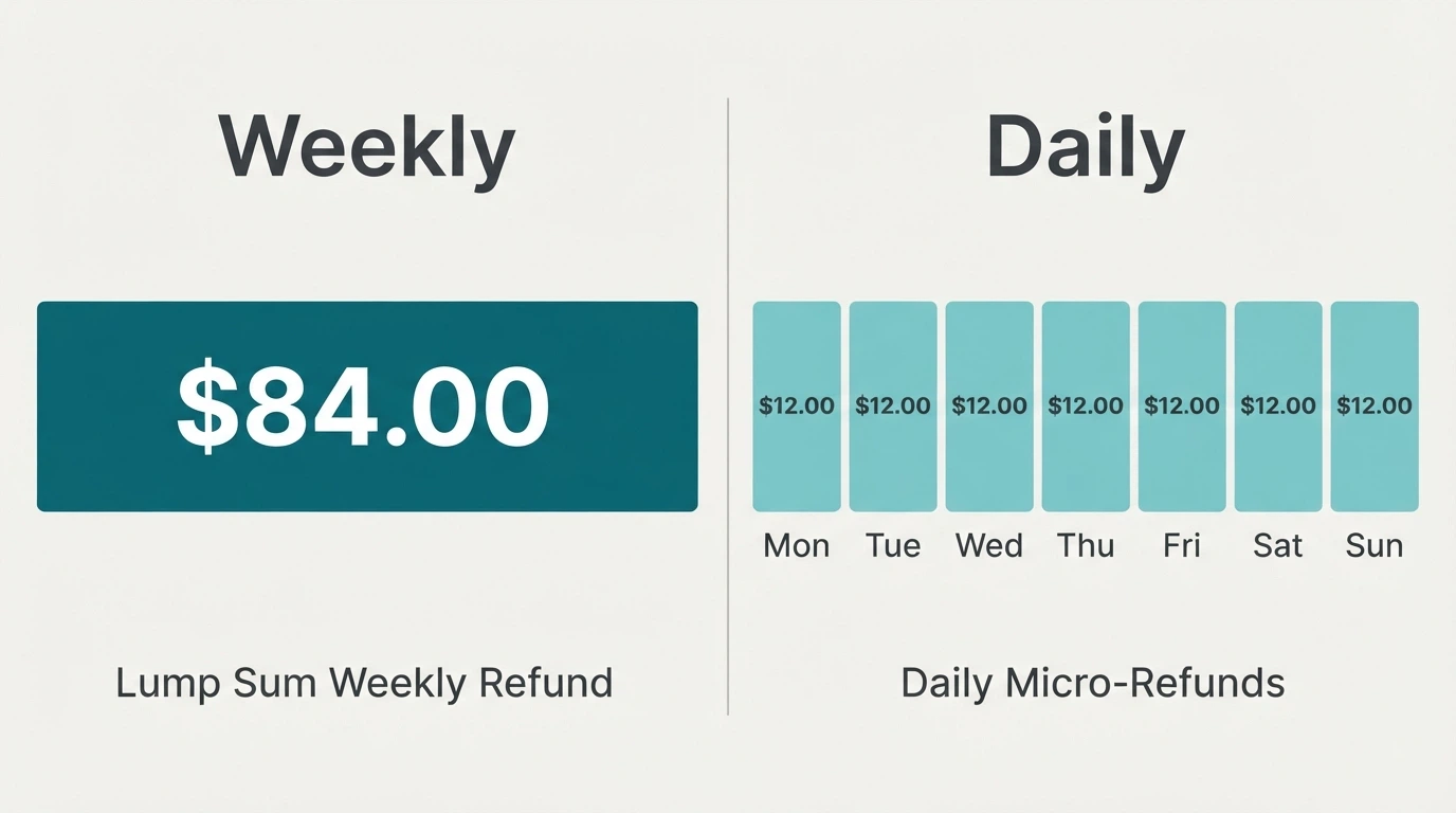 A split visual contrasting a weekly calendar with a single large refund against daily calendar slots with smaller daily amounts