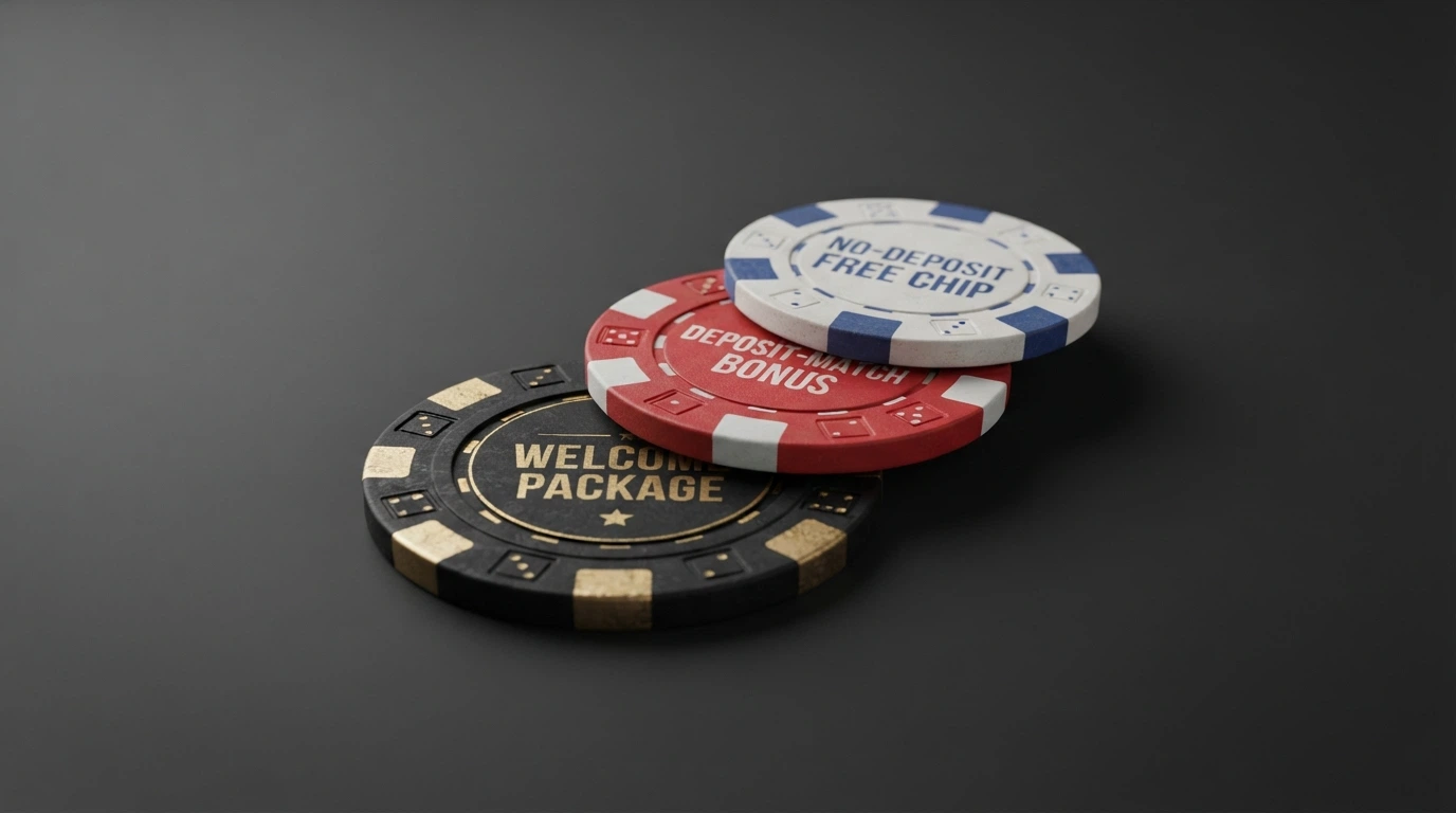 Three stacked casino-chip denominations — a small free-chip, a medium match chip, and a large welcome-package chip — with a wagering-terms overlay